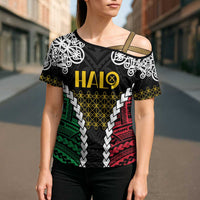 Halo Vanuatu Pride Cross Shoulder Shirt Vanuatuan Sand Drawing Pattern LT9 - Polynesian Pride
