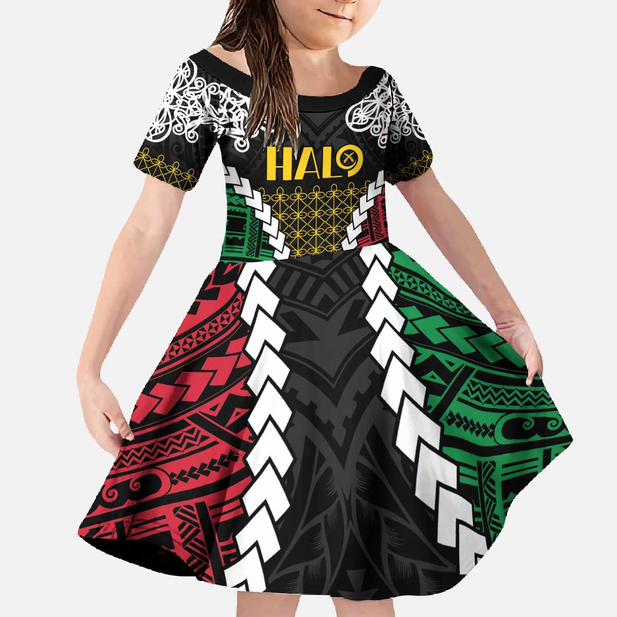 Halo Vanuatu Pride Family Matching Off The Shoulder Long Sleeve Dress and Hawaiian Shirt Vanuatuan Sand Drawing Pattern