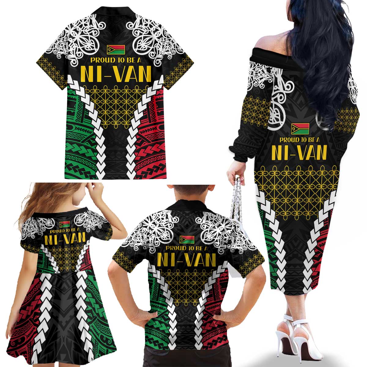 Halo Vanuatu Pride Family Matching Off The Shoulder Long Sleeve Dress and Hawaiian Shirt Vanuatuan Sand Drawing Pattern