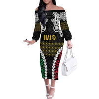 Halo Vanuatu Pride Family Matching Off The Shoulder Long Sleeve Dress and Hawaiian Shirt Vanuatuan Sand Drawing Pattern