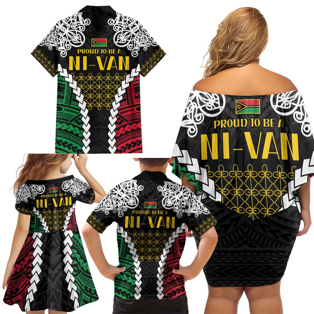 Halo Vanuatu Pride Family Matching Off Shoulder Short Dress and Hawaiian Shirt Vanuatuan Sand Drawing Pattern
