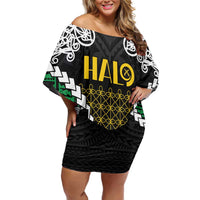 Halo Vanuatu Pride Family Matching Off Shoulder Short Dress and Hawaiian Shirt Vanuatuan Sand Drawing Pattern
