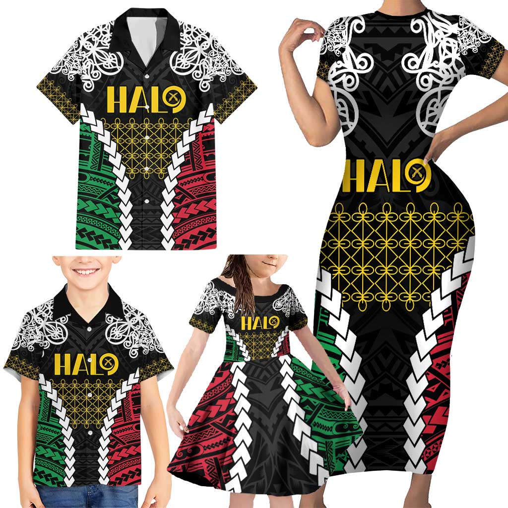 Halo Vanuatu Pride Family Matching Short Sleeve Bodycon Dress and Hawaiian Shirt Vanuatuan Sand Drawing Pattern