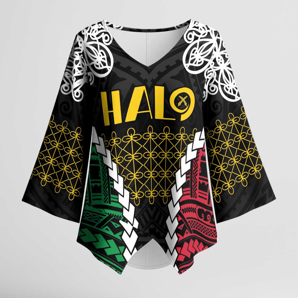Halo Vanuatu Pride Kimono Sleeve Blouse Vanuatuan Sand Drawing Pattern LT9 Female Black - Polynesian Pride