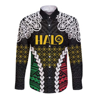 Halo Vanuatu Pride Long Sleeve Button Shirt Vanuatuan Sand Drawing Pattern LT9 Unisex Black - Polynesian Pride