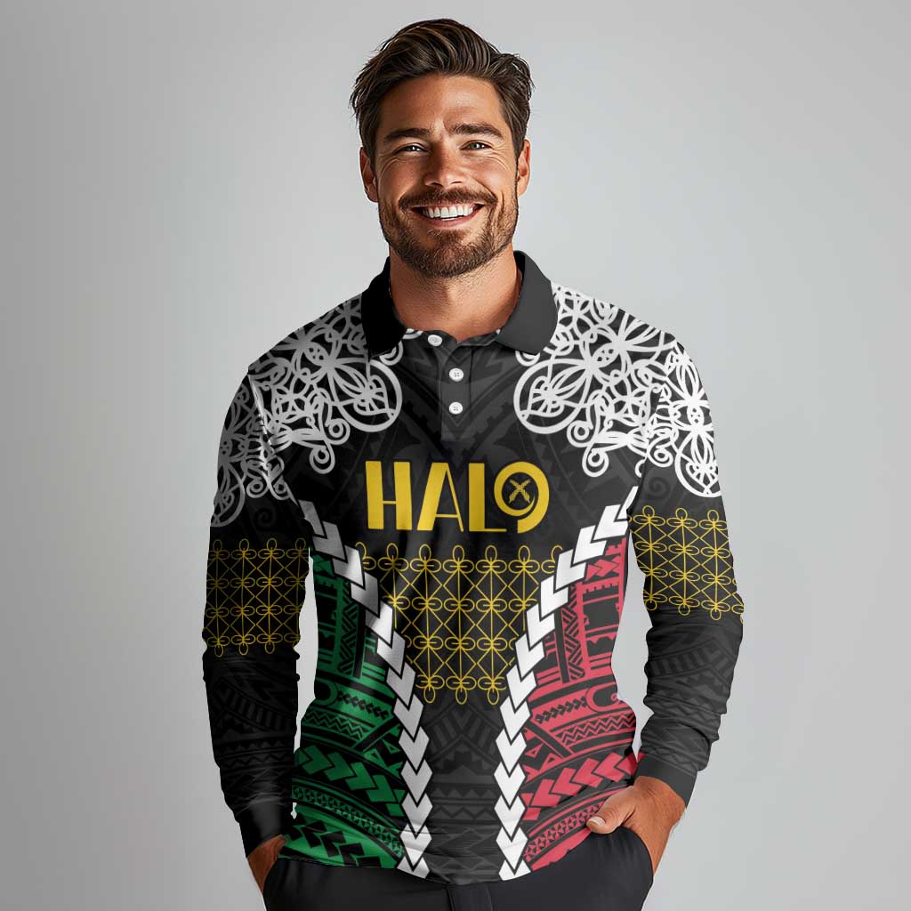Halo Vanuatu Pride Long Sleeve Polo Shirt Vanuatuan Sand Drawing Pattern