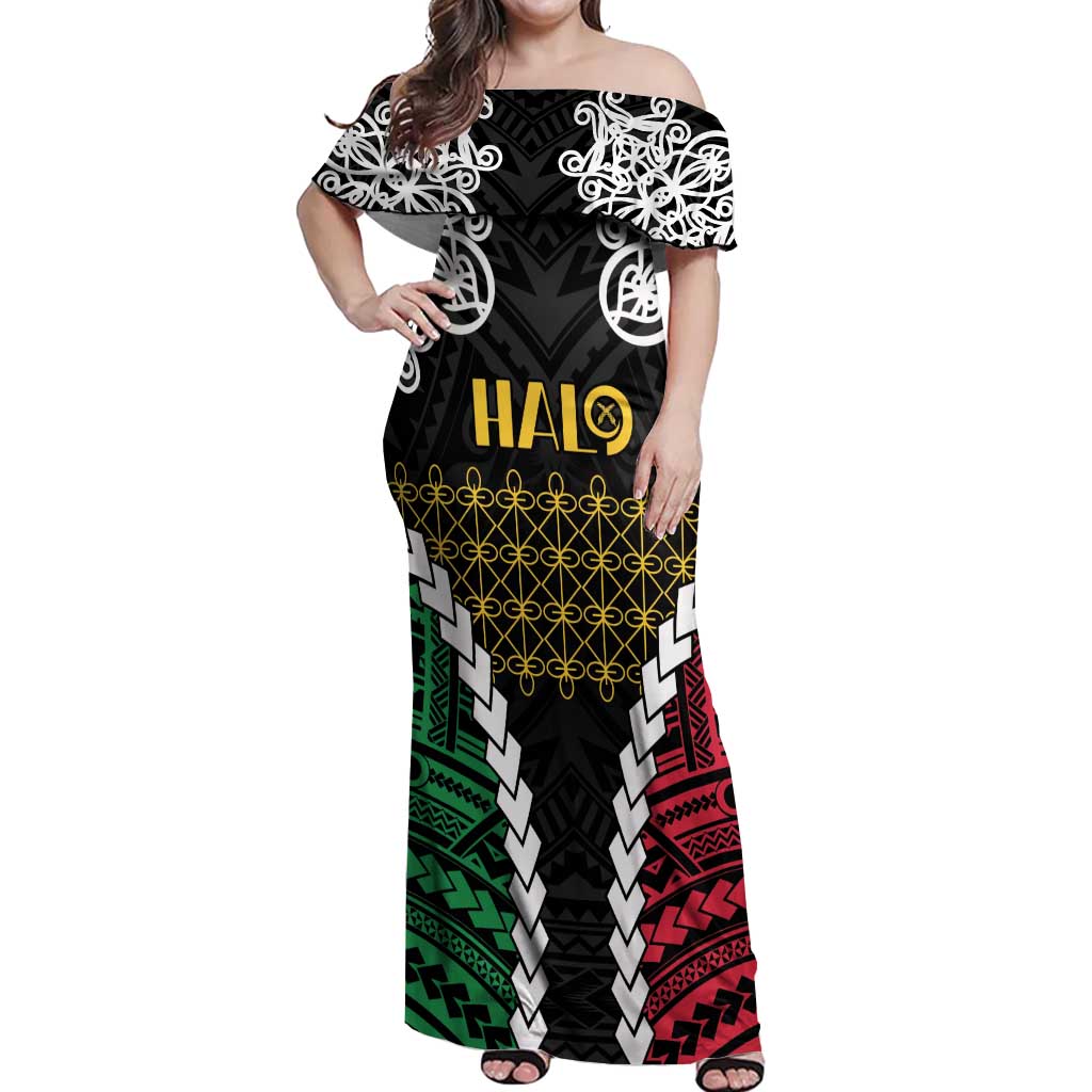 Halo Vanuatu Pride Off Shoulder Maxi Dress Vanuatuan Sand Drawing Pattern LT9 Women Black - Polynesian Pride