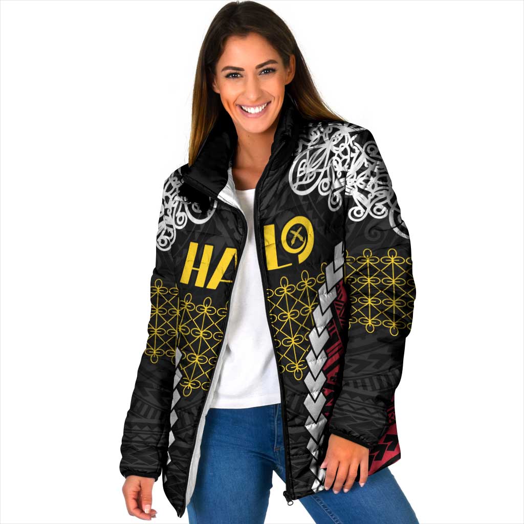 Halo Vanuatu Pride Padded Jacket Vanuatuan Sand Drawing Pattern LT9 Women Black - Polynesian Pride