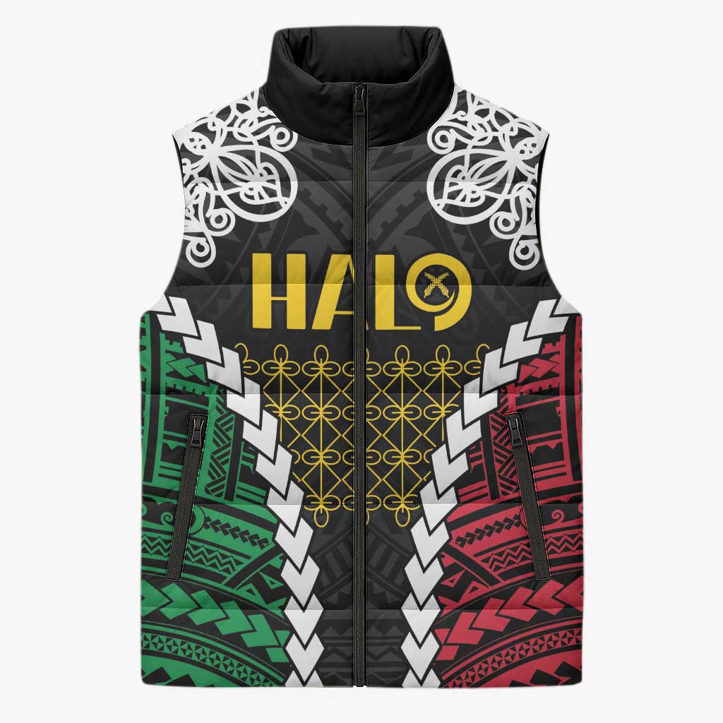 Halo Vanuatu Pride Sleeveless Puffer Jacket Vanuatuan Sand Drawing Pattern LT9 Unisex Black - Polynesian Pride