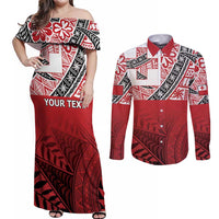 Malo e lelei Tonga Couples Matching Off Shoulder Maxi Dress and Long Sleeve Button Shirt Ngatu Tokelau Feletoa Fata Traditional Polynesian Pattern