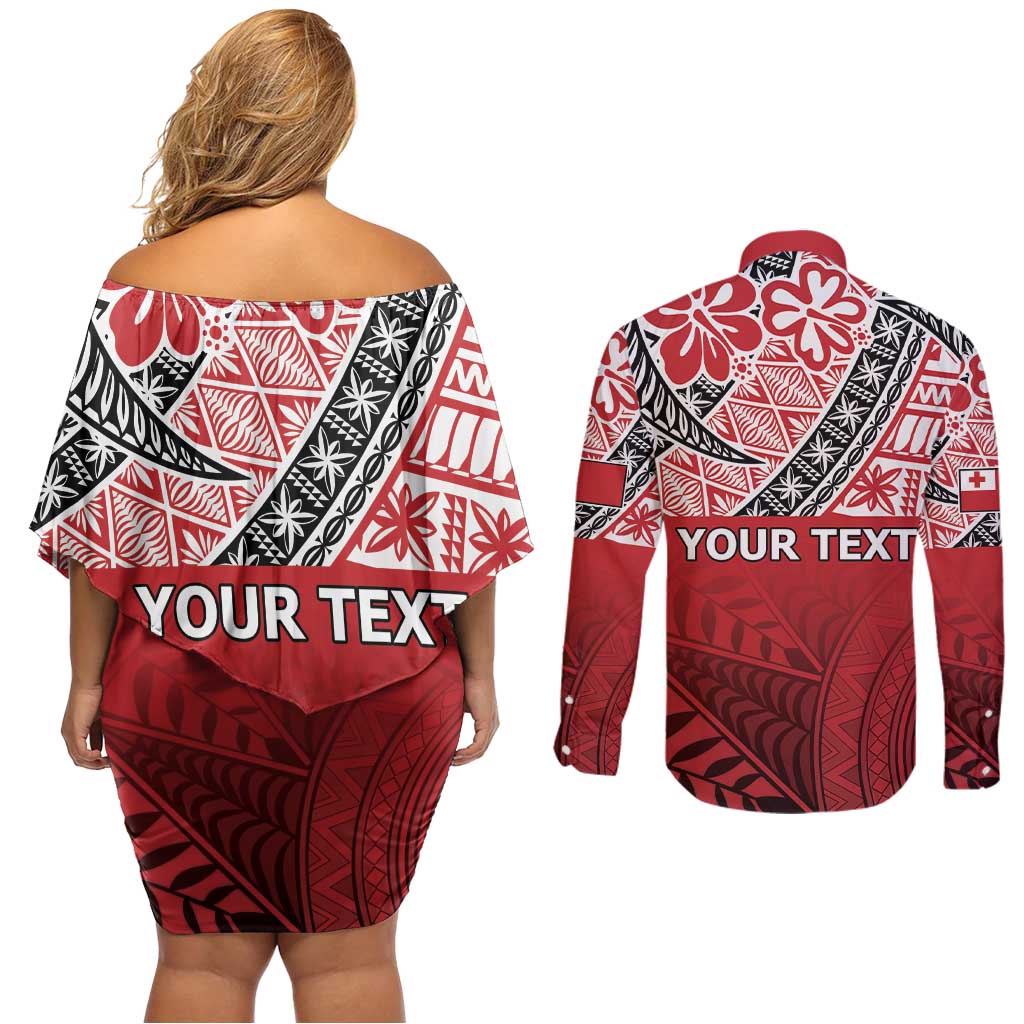 Malo e lelei Tonga Couples Matching Off Shoulder Short Dress and Long Sleeve Button Shirt Ngatu Tokelau Feletoa Fata Traditional Polynesian Pattern