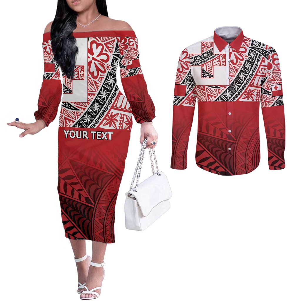 Malo e lelei Tonga Couples Matching Off The Shoulder Long Sleeve Dress and Long Sleeve Button Shirt Ngatu Tokelau Feletoa Fata Traditional Polynesian Pattern