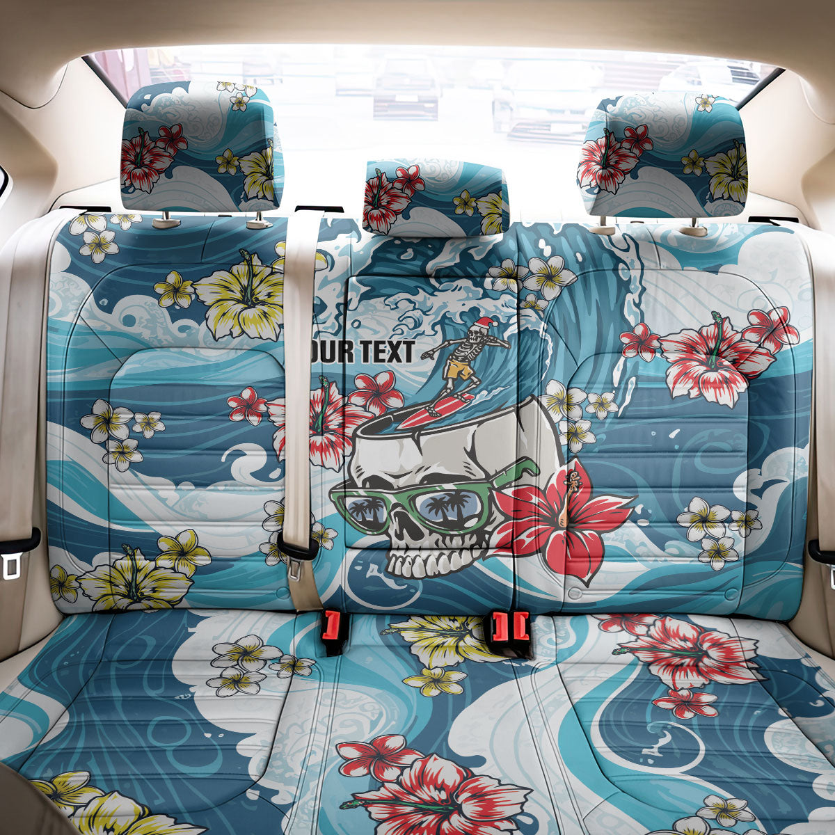 Hawaii Santa Skeleton Surfing Personalized Back Car Seat Cover Mele Kalikimaka i Iulai!