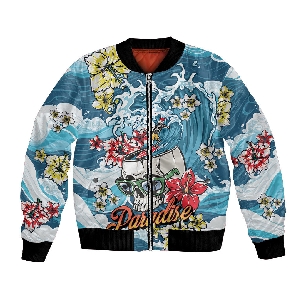 Hawaii Santa Skeleton Surfing Personalized Bomber Jacket Mele Kalikimaka i Iulai!