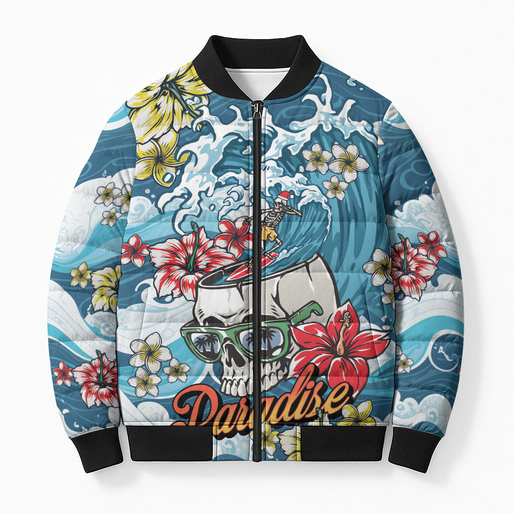 Hawaii Santa Skeleton Surfing Personalized Bomber Puffer Jacket Mele Kalikimaka i Iulai!