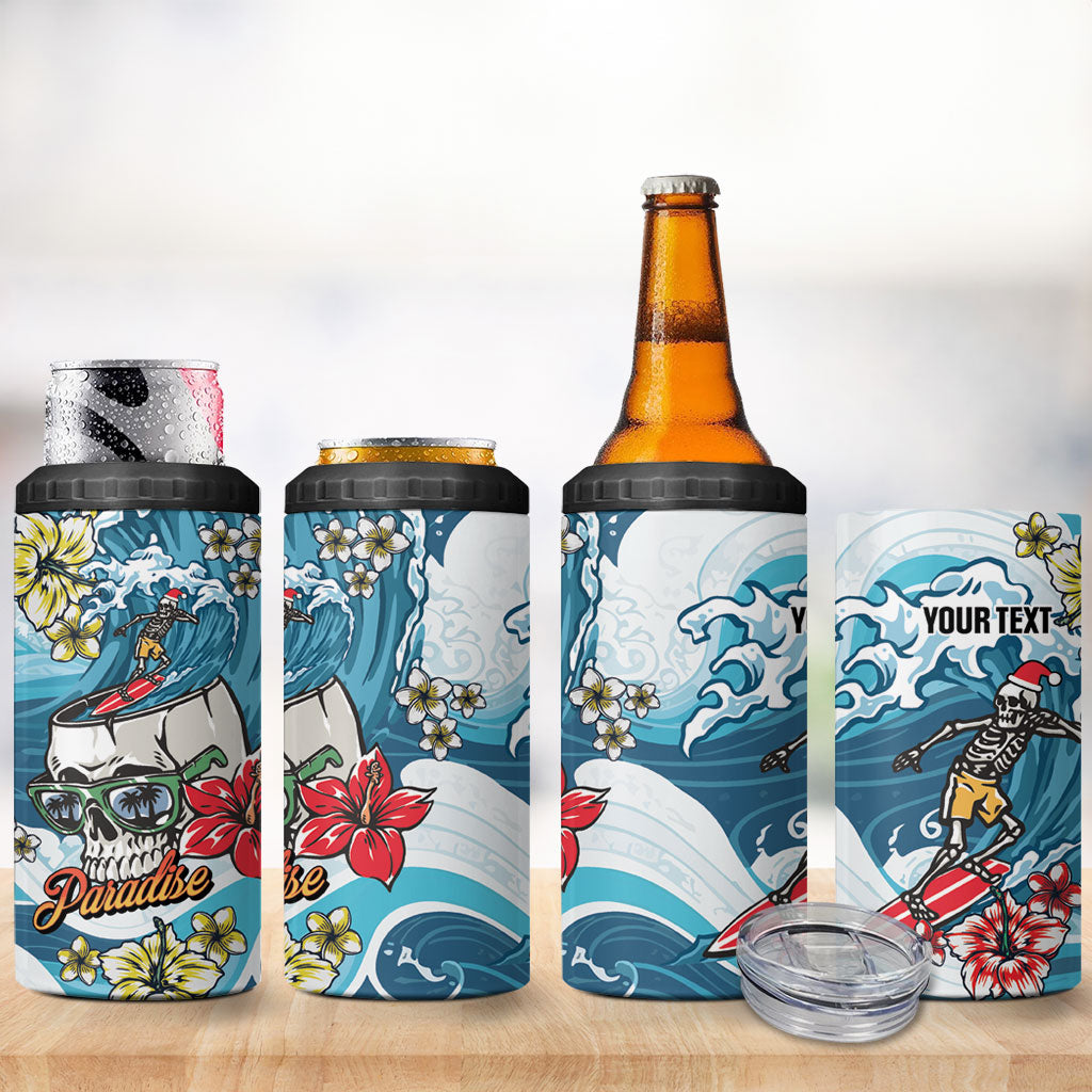 Hawaii Santa Skeleton Surfing Personalized 4 in 1 Can Cooler Tumbler Mele Kalikimaka i Iulai!