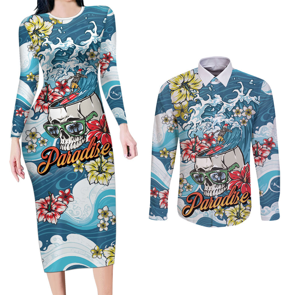Hawaii Santa Skeleton Surfing Personalized Couples Matching Long Sleeve Bodycon Dress and Long Sleeve Button Shirt Mele Kalikimaka i Iulai!