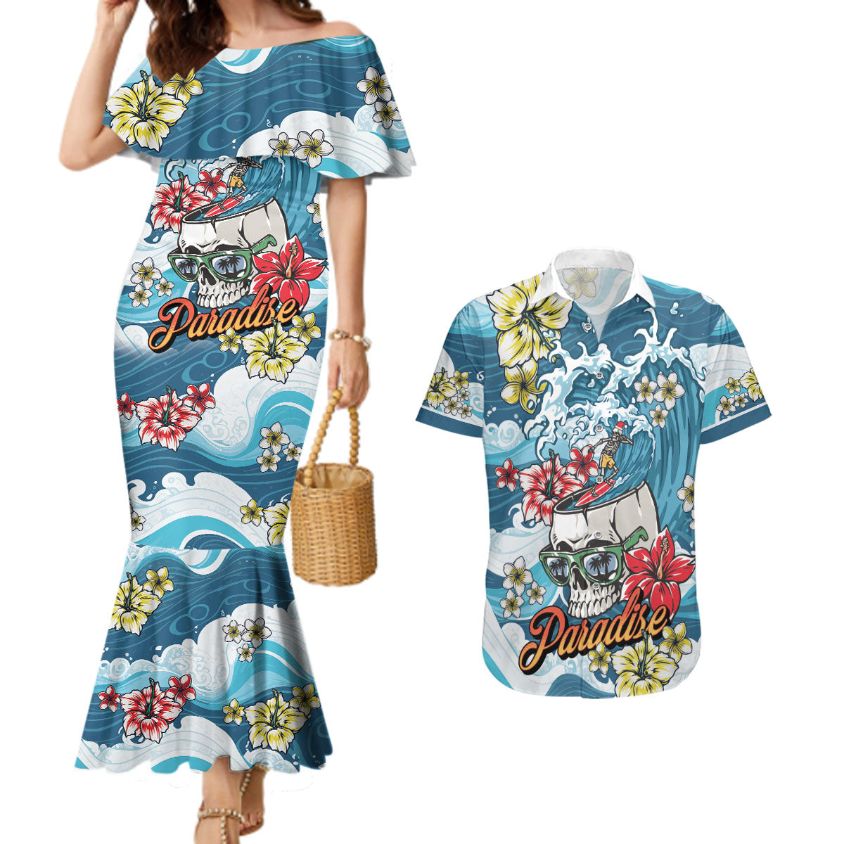 Hawaii Santa Skeleton Surfing Personalized Couples Matching Mermaid Dress and Hawaiian Shirt Mele Kalikimaka i Iulai!