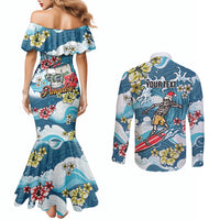 Hawaii Santa Skeleton Surfing Personalized Couples Matching Mermaid Dress and Long Sleeve Button Shirt Mele Kalikimaka i Iulai!