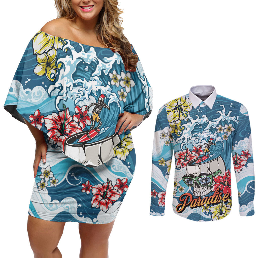 Hawaii Santa Skeleton Surfing Personalized Couples Matching Off Shoulder Short Dress and Long Sleeve Button Shirt Mele Kalikimaka i Iulai!