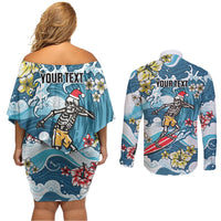 Hawaii Santa Skeleton Surfing Personalized Couples Matching Off Shoulder Short Dress and Long Sleeve Button Shirt Mele Kalikimaka i Iulai!