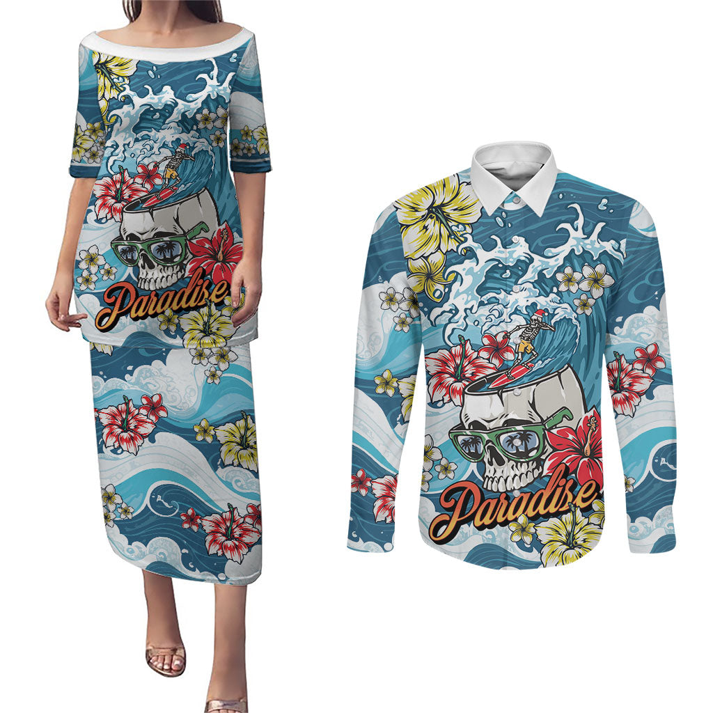 Hawaii Santa Skeleton Surfing Personalized Couples Matching Puletasi and Long Sleeve Button Shirt Mele Kalikimaka i Iulai! LT9 Blue - Polynesian Pride