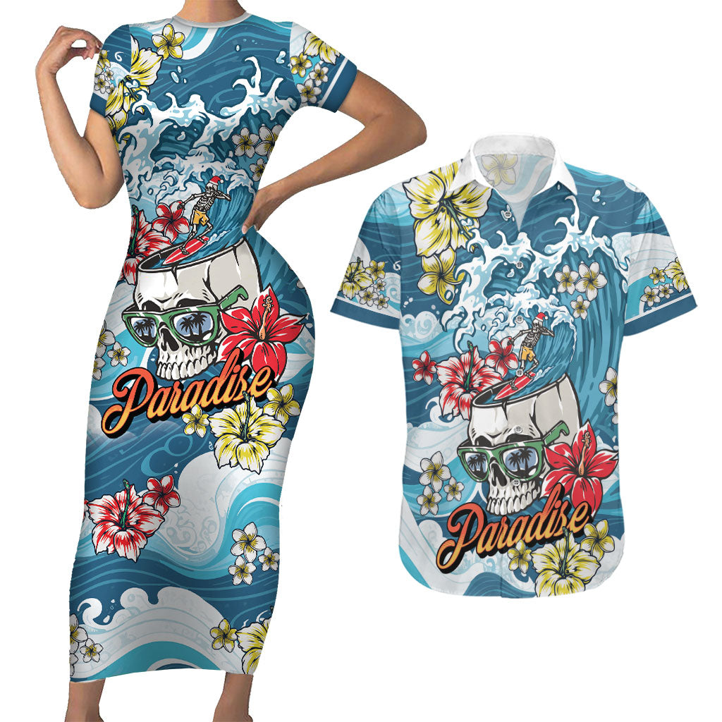 Hawaii Santa Skeleton Surfing Personalized Couples Matching Short Sleeve Bodycon Dress and Hawaiian Shirt Mele Kalikimaka i Iulai! LT9 Blue - Polynesian Pride