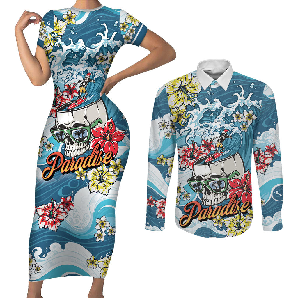 Hawaii Santa Skeleton Surfing Personalized Couples Matching Short Sleeve Bodycon Dress and Long Sleeve Button Shirt Mele Kalikimaka i Iulai!