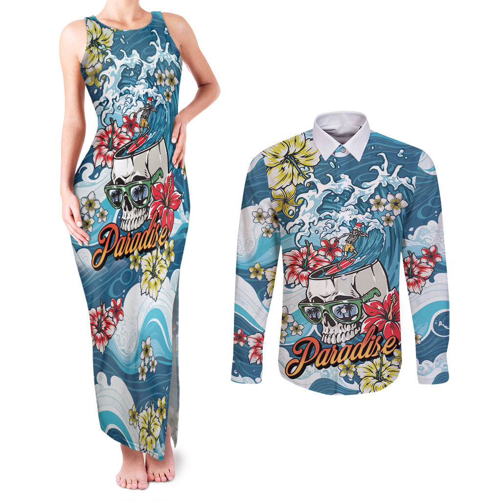 Hawaii Santa Skeleton Surfing Personalized Couples Matching Tank Maxi Dress and Long Sleeve Button Shirt Mele Kalikimaka i Iulai!