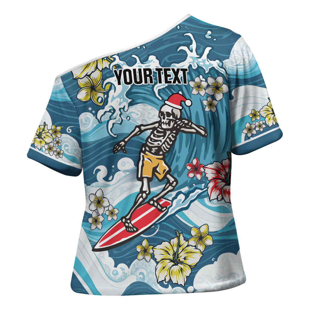 Hawaii Santa Skeleton Surfing Personalized Cross Shoulder Shirt Mele Kalikimaka i Iulai!