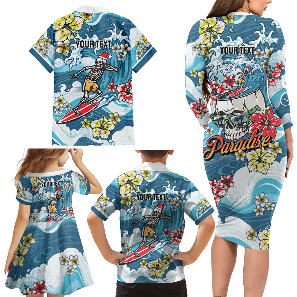 Hawaii Santa Skeleton Surfing Personalized Family Matching Long Sleeve Bodycon Dress and Hawaiian Shirt Mele Kalikimaka i Iulai!