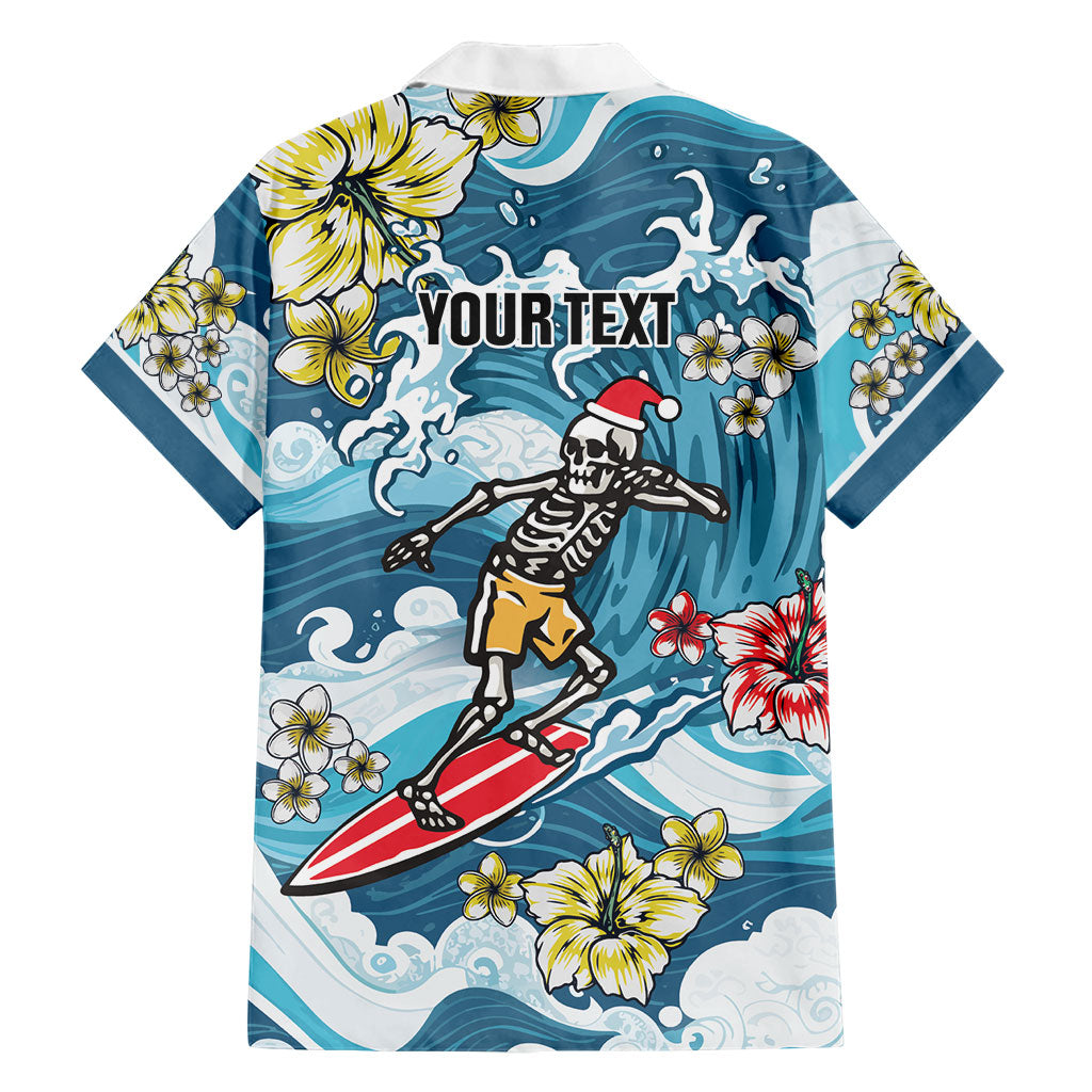 Hawaii Santa Skeleton Surfing Personalized Family Matching Long Sleeve Bodycon Dress and Hawaiian Shirt Mele Kalikimaka i Iulai!