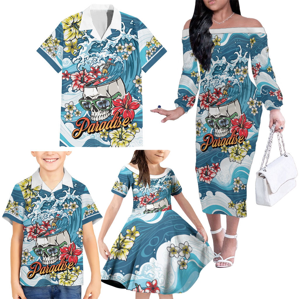 Hawaii Santa Skeleton Surfing Personalized Family Matching Off The Shoulder Long Sleeve Dress and Hawaiian Shirt Mele Kalikimaka i Iulai!