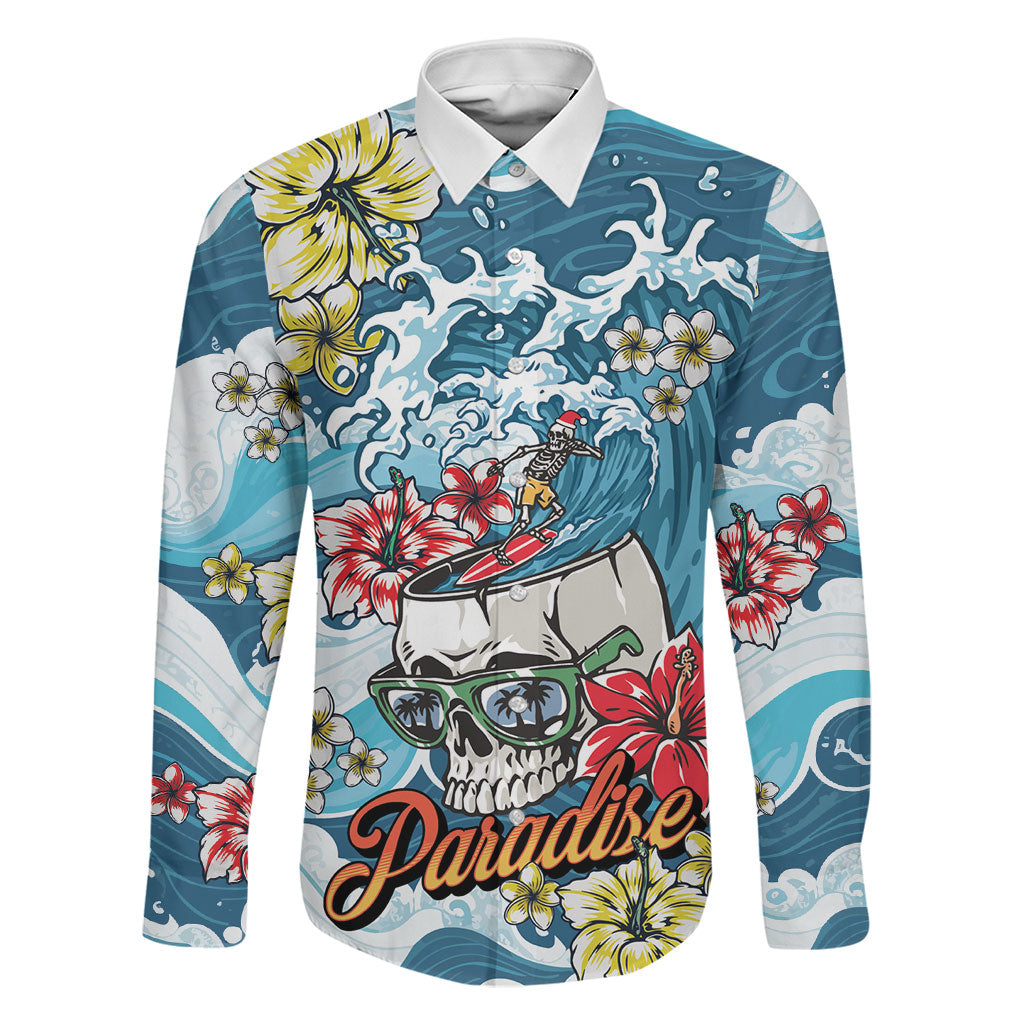 Hawaii Santa Skeleton Surfing Personalized Family Matching Off The Shoulder Long Sleeve Dress and Hawaiian Shirt Mele Kalikimaka i Iulai!