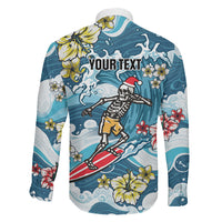 Hawaii Santa Skeleton Surfing Personalized Family Matching Off The Shoulder Long Sleeve Dress and Hawaiian Shirt Mele Kalikimaka i Iulai!
