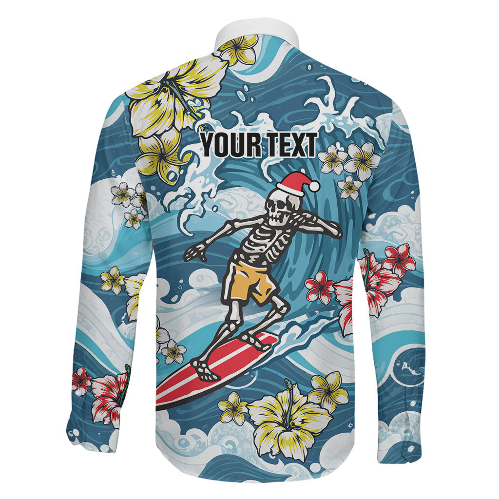 Hawaii Santa Skeleton Surfing Personalized Family Matching Off Shoulder Short Dress and Hawaiian Shirt Mele Kalikimaka i Iulai!