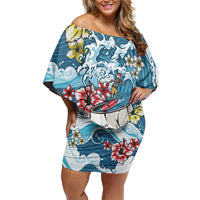 Hawaii Santa Skeleton Surfing Personalized Family Matching Off Shoulder Short Dress and Hawaiian Shirt Mele Kalikimaka i Iulai!