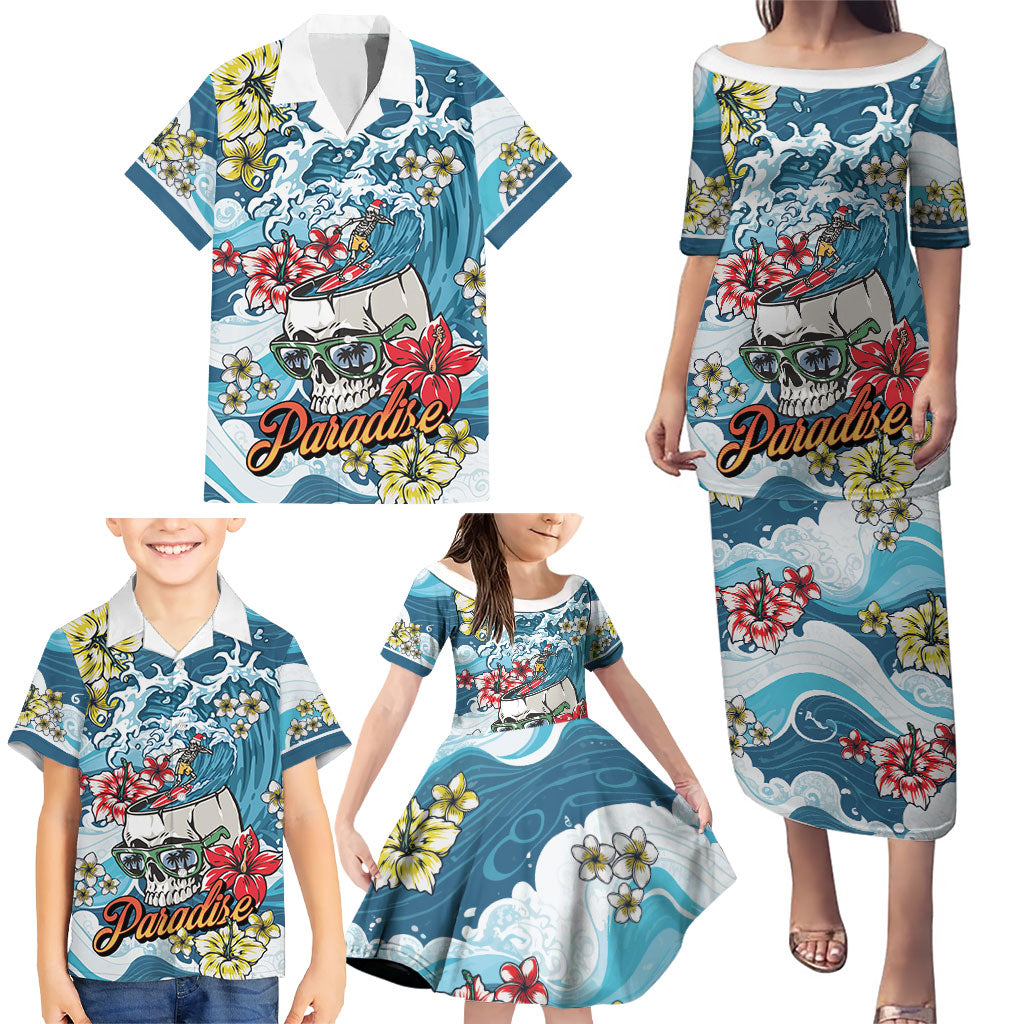 Hawaii Santa Skeleton Surfing Personalized Family Matching Puletasi and Hawaiian Shirt Mele Kalikimaka i Iulai!