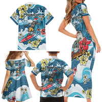 Hawaii Santa Skeleton Surfing Personalized Family Matching Short Sleeve Bodycon Dress and Hawaiian Shirt Mele Kalikimaka i Iulai!