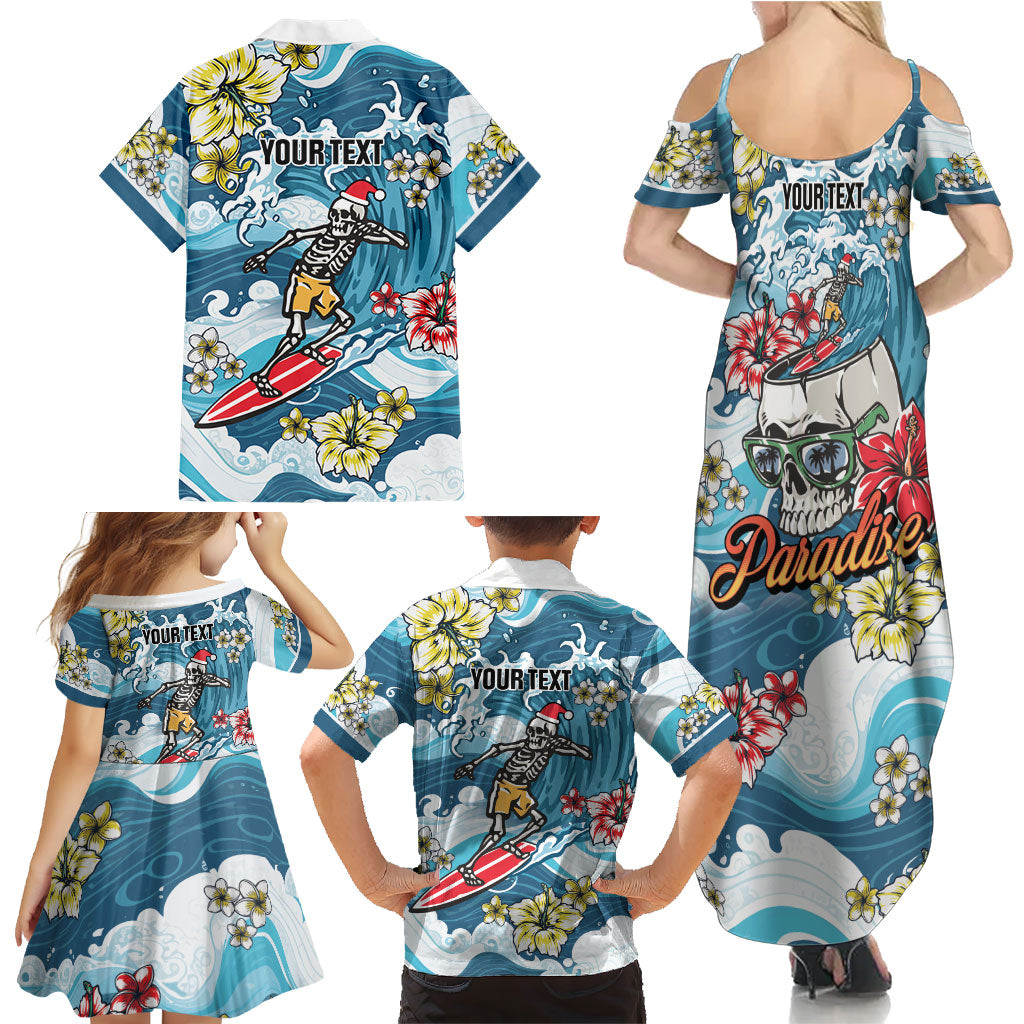 Hawaii Santa Skeleton Surfing Personalized Family Matching Summer Maxi Dress and Hawaiian Shirt Mele Kalikimaka i Iulai!
