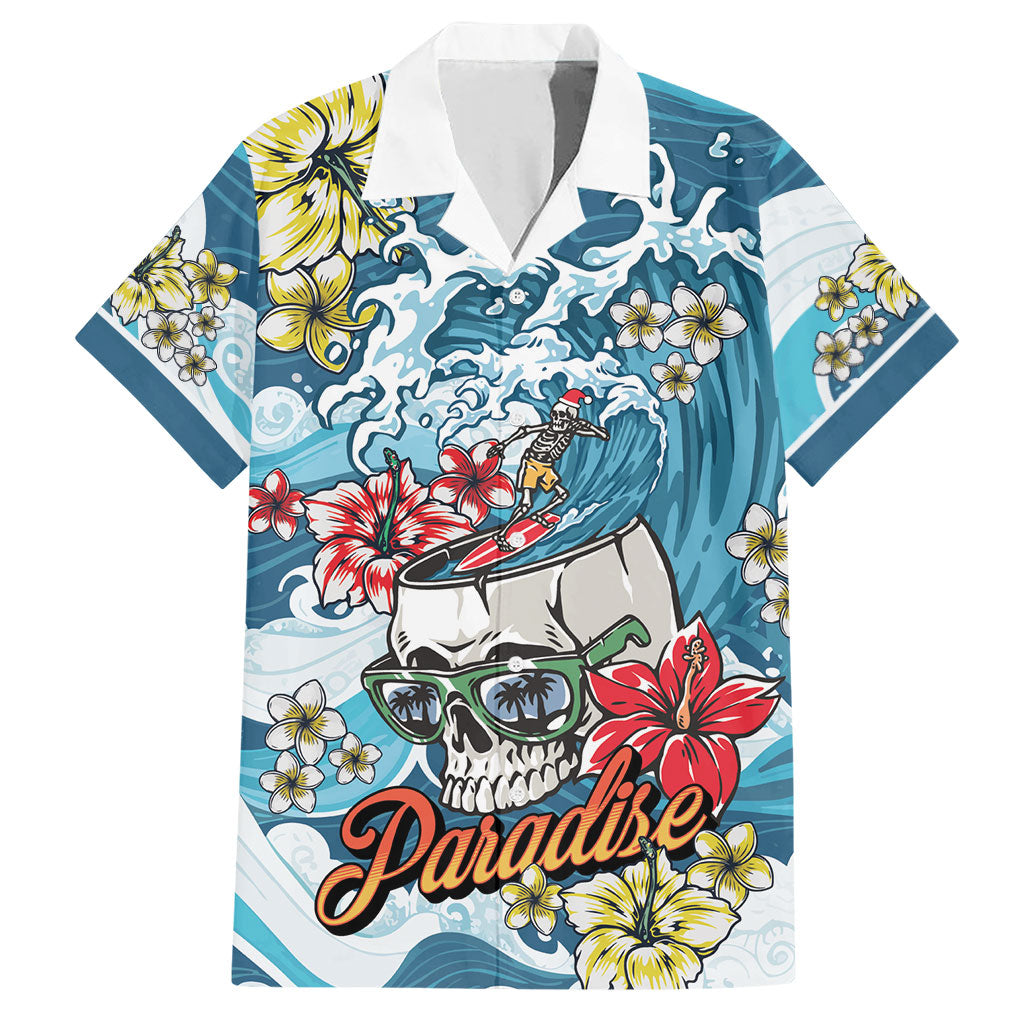 Hawaii Santa Skeleton Surfing Personalized Hawaiian Shirt Mele Kalikimaka i Iulai! LT9 Blue - Polynesian Pride