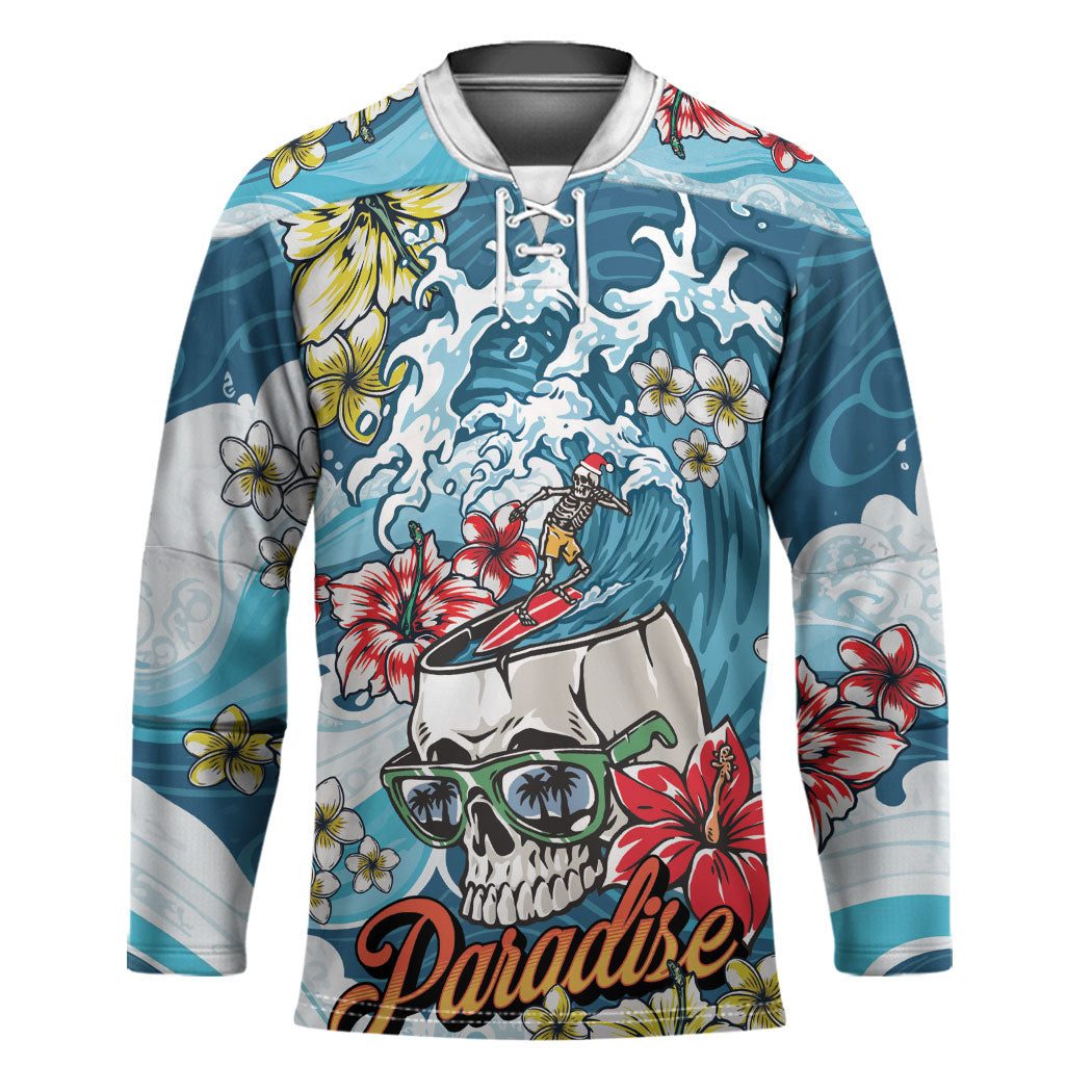 Hawaii Santa Skeleton Surfing Personalized Hockey Jersey Mele Kalikimaka i Iulai!
