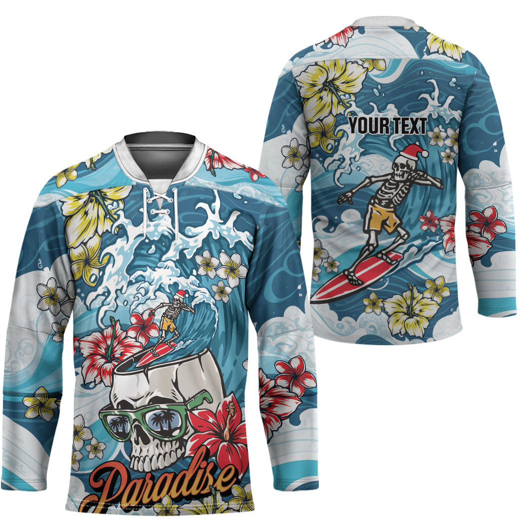 Hawaii Santa Skeleton Surfing Personalized Hockey Jersey Mele Kalikimaka i Iulai!