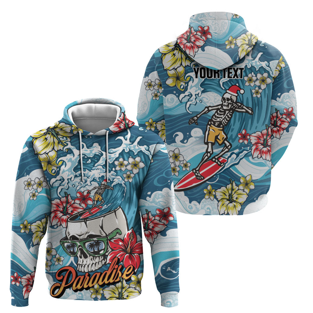 Hawaii Santa Skeleton Surfing Personalized Hoodie Mele Kalikimaka i Iulai!