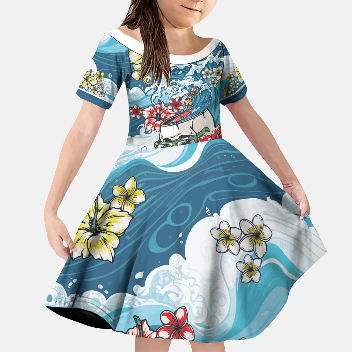 Hawaii Santa Skeleton Surfing Personalized Kid Short Sleeve Dress Mele Kalikimaka i Iulai! LT9 KID Blue - Polynesian Pride