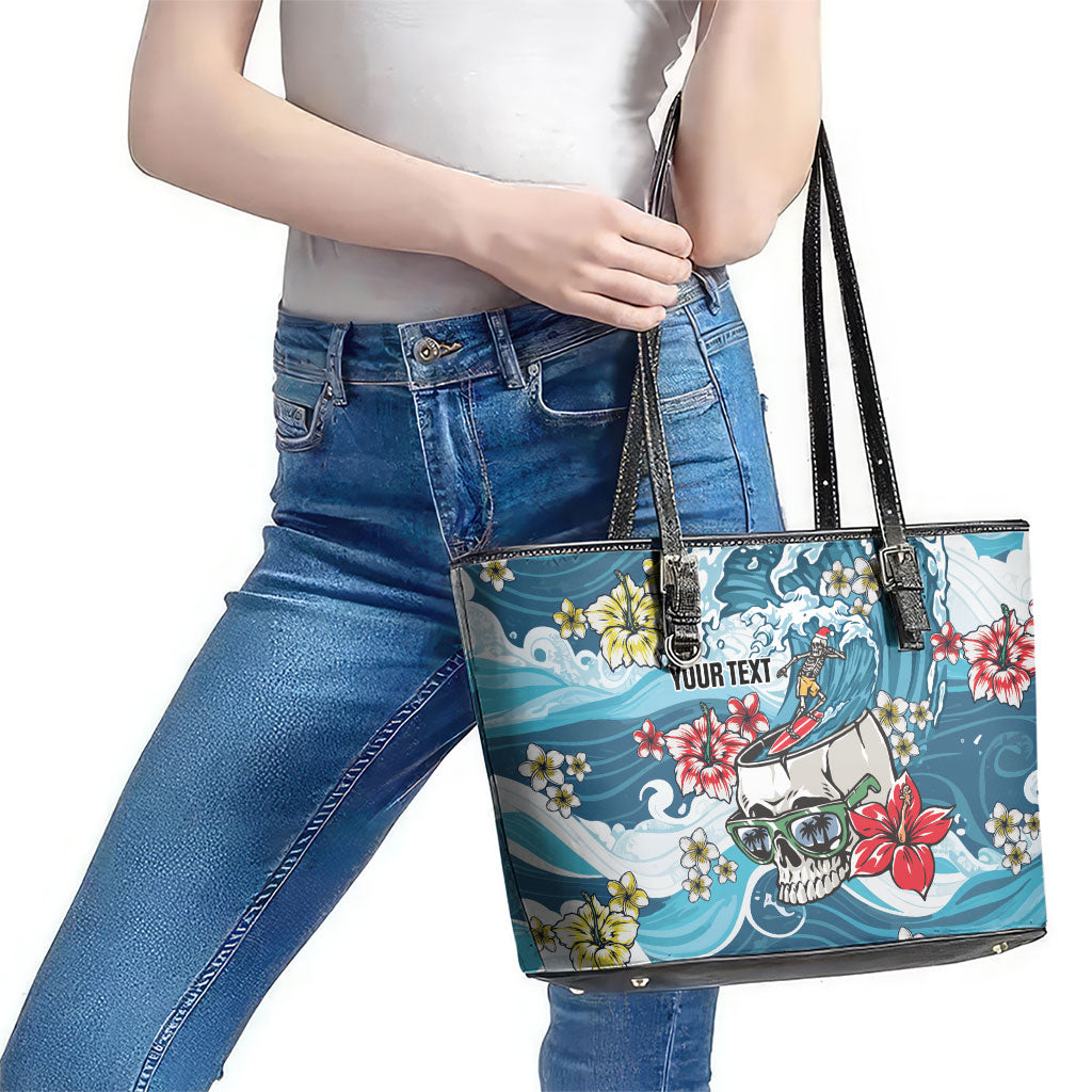 Hawaii Santa Skeleton Surfing Personalized Leather Tote Bag Mele Kalikimaka i Iulai!