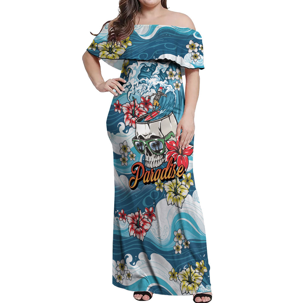 Hawaii Santa Skeleton Surfing Personalized Off Shoulder Maxi Dress Mele Kalikimaka i Iulai!