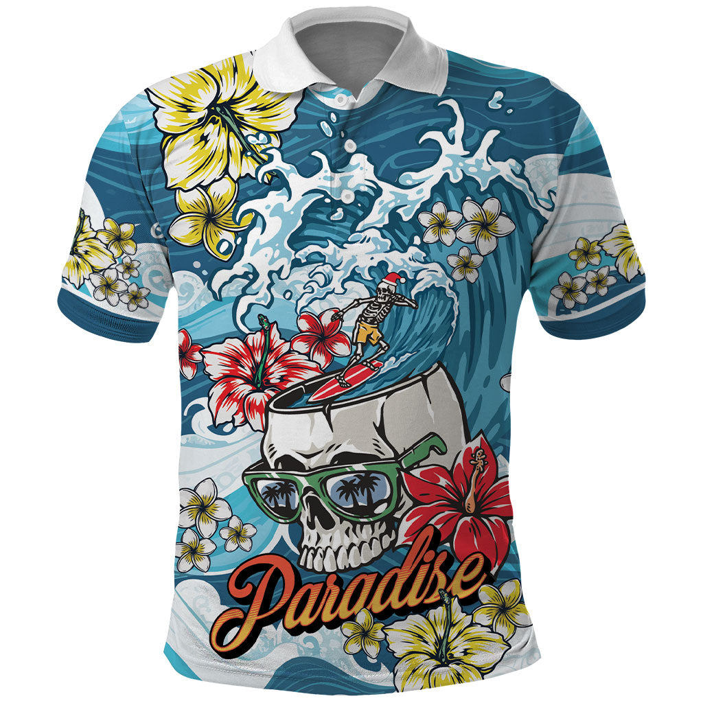 Hawaii Santa Skeleton Surfing Personalized Polo Shirt Mele Kalikimaka i Iulai! LT9 Blue - Polynesian Pride