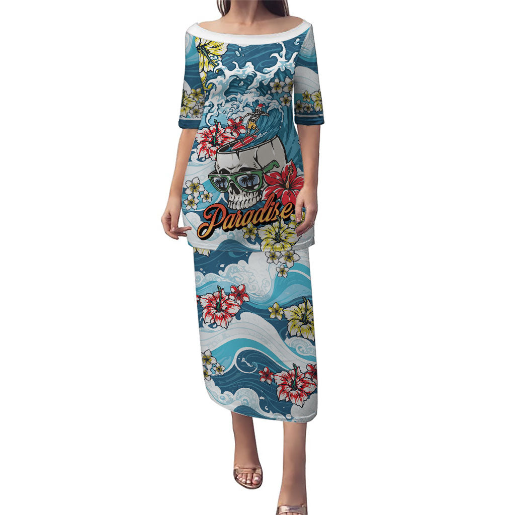 Hawaii Santa Skeleton Surfing Personalized Puletasi Mele Kalikimaka i Iulai! LT9 Long Dress Blue - Polynesian Pride