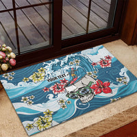 Hawaii Santa Skeleton Surfing Personalized Rubber Doormat Mele Kalikimaka i Iulai!
